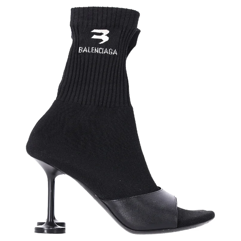 Balenciaga Knitted Sock Heels in Black Cotton and Leather