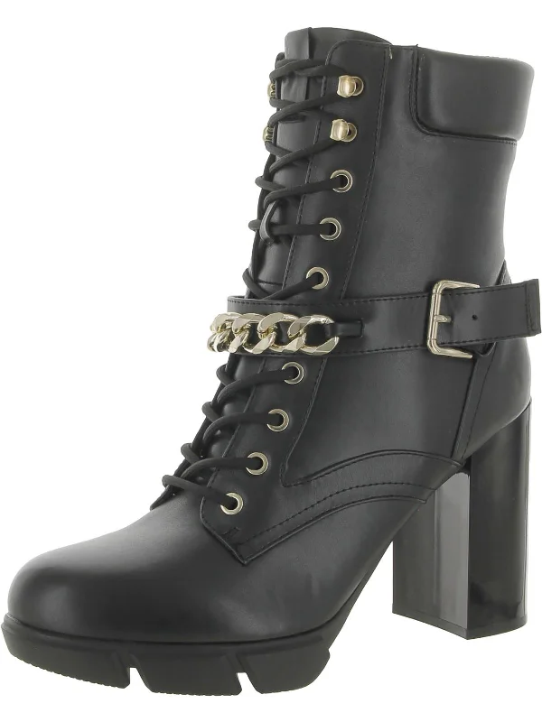 Vilage Womens Faux Leather Embellished Combat & Lace-up Boots