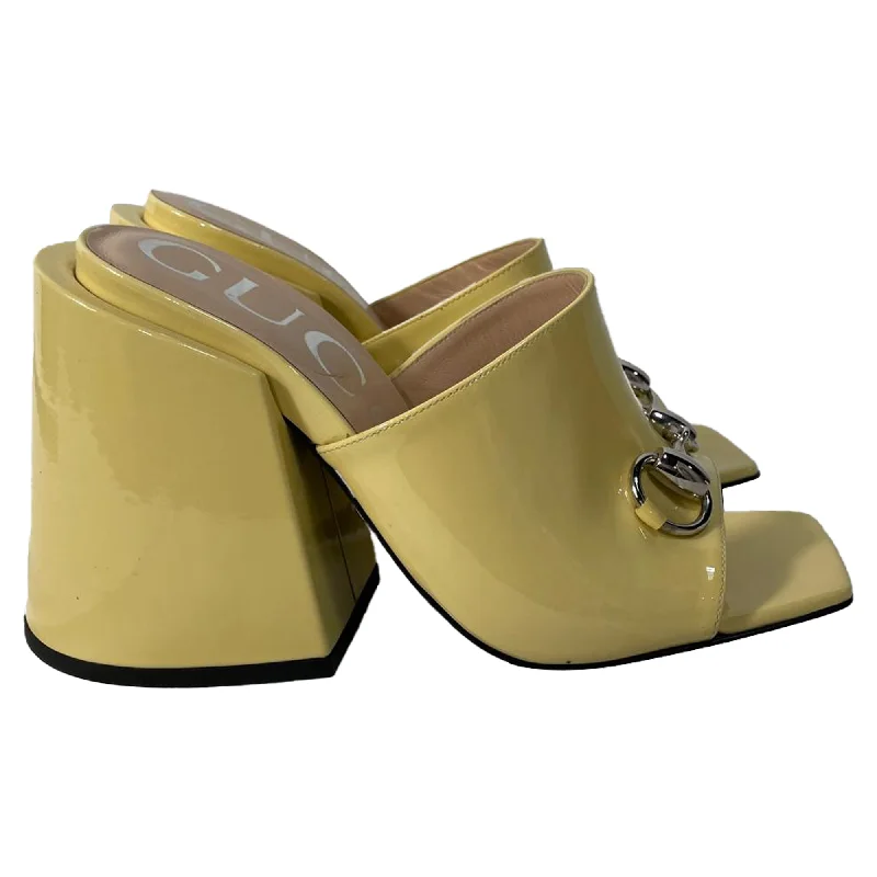 Gucci Lexi Horsebit Chunky Heeled Mules in Yellow Patent Leather