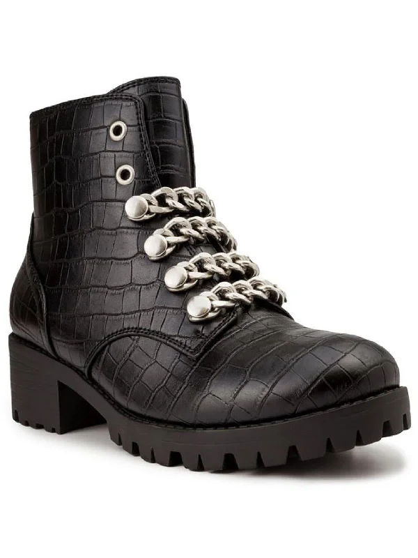 Obvi Womens Faux Leather Chain Combat & Lace-up Boots