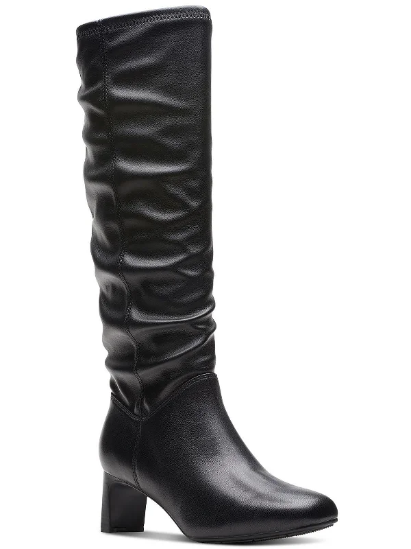 Womens Leather Block Heel Knee-High Boots