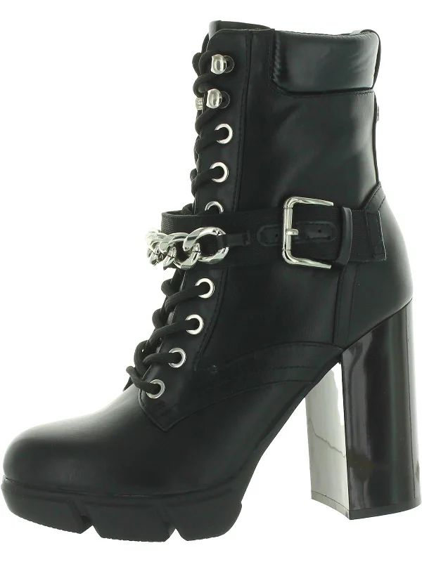 Vilage 8 Womens Faux Leather Chain Combat & Lace-up Boots