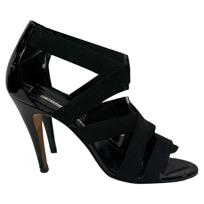 Manolo Blahnik Strappy Sandal Heels in Black Patent Leather