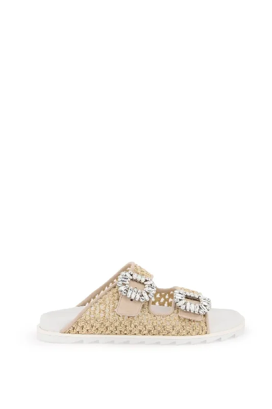 ROGER VIVIER Chic Raffia Slidy Flat with Rhinestone Buckle