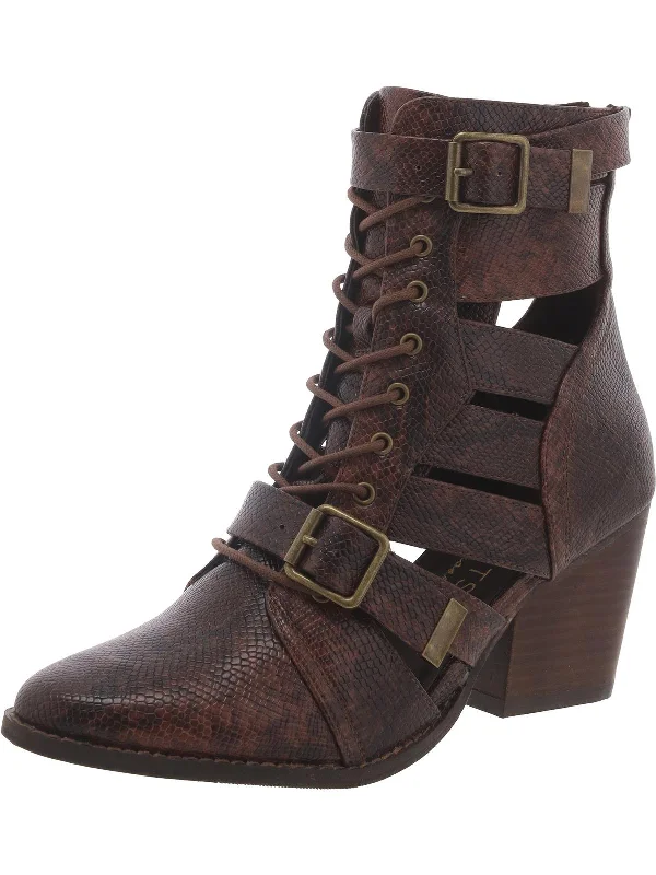 Womens Faux Leather Embossed Ankle Boots