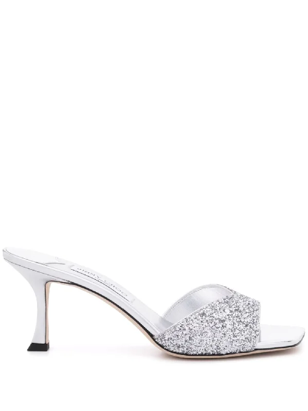 JIMMY CHOO Glittered Leather Sandals with Sculpted Heel