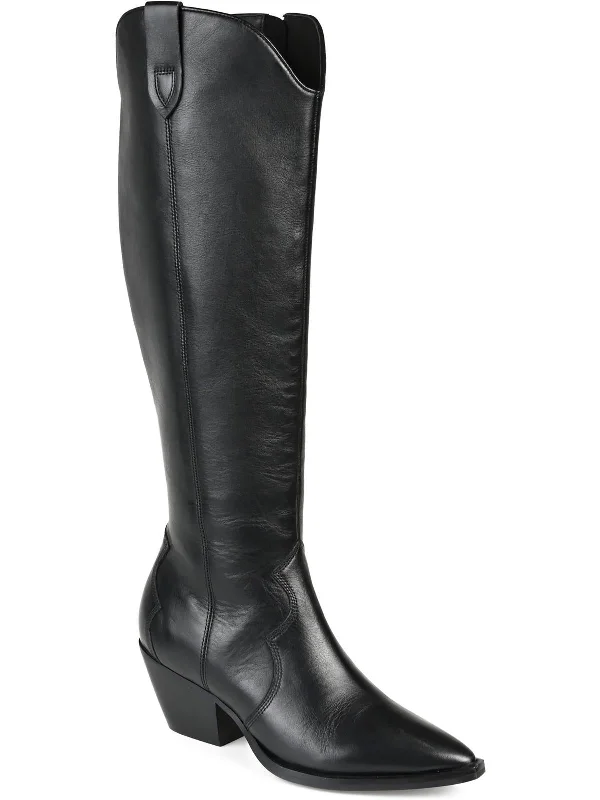 Womens Leather Block Heel Knee-High Boots