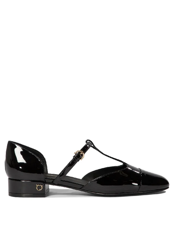 Ferragamo Elegant Patent Leather Ballet Flats with Golden Accents