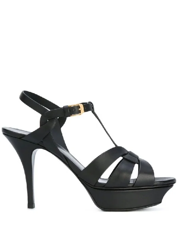 SAINT LAURENT Tribute Heeled Leather Sandals with Adjustable Strap