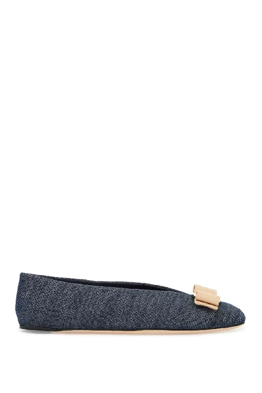 Ferragamo Denim Ballet Flats with Raffia Bow