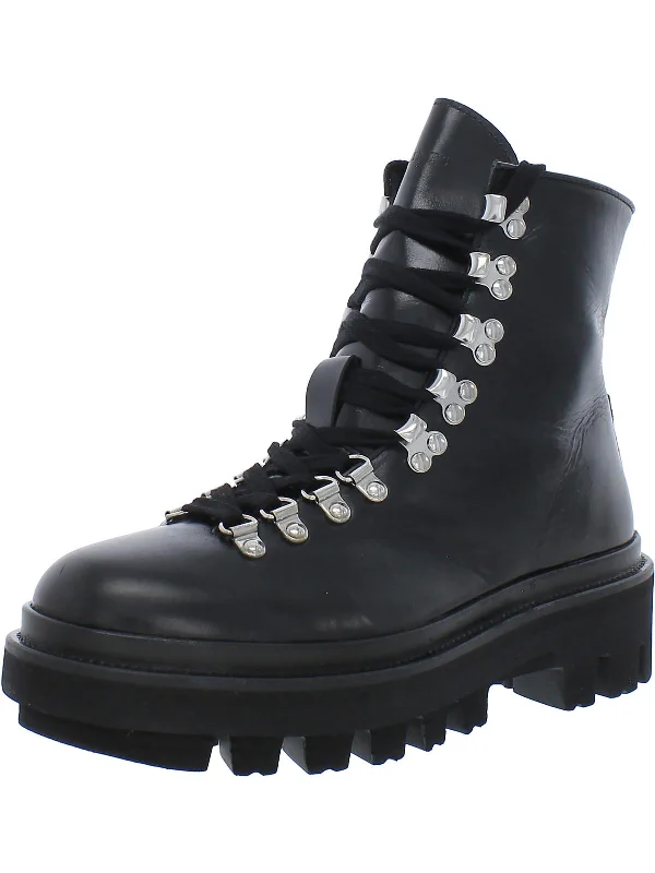 Wanda Womens Leather Embossed Combat & Lace-up Boots